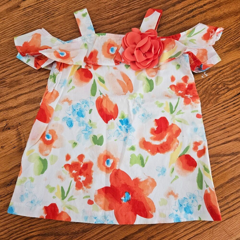 Janie and Jack Dress Baby Girls 6-12 Months White Orange Floral Ruffle